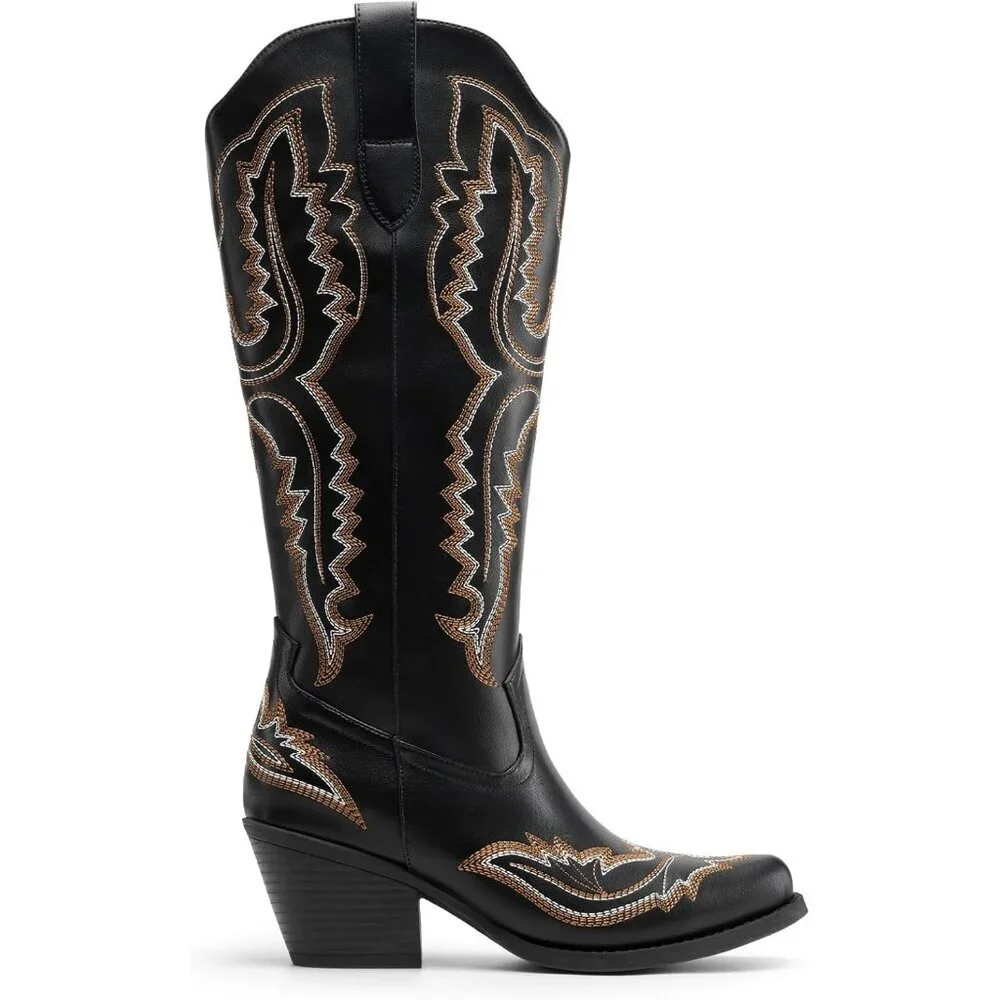Women's Black Square Toe Comfortable Side Zipper Tall Cowboy Knee High Boots